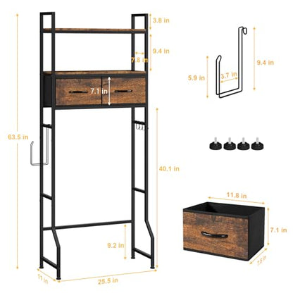 YBING Over The Toilet Bathroom Storage Cabinet for Freestanding, Above Toilet Shelf with Fabric Drawer, Tall Bathroom Shelf Organizer with Toilet Paper Holder, Brown - color: Brown