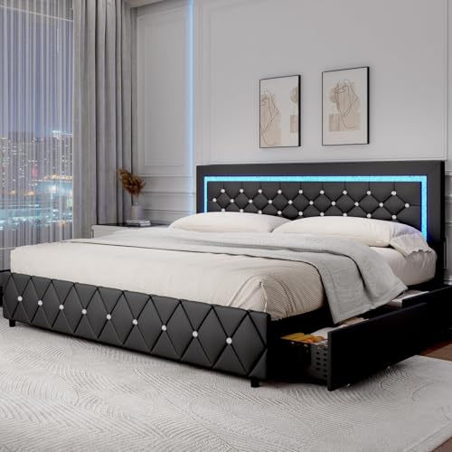 BarnFurin King Size Bed Frame with LED Headboard and Storage Drawers,Black | Upholstered Platform Bed with Crystal Tufted Headboard, Wooden Slats Support, No Box Spring Needed, Easy Assembly - color: Black, size: King