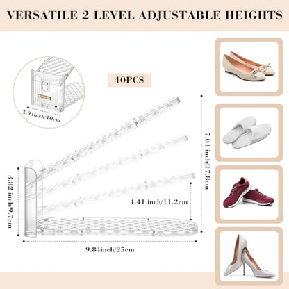 Briwooody 40 Pack Clear Shoe Slot Organizer, 2-Level Adjustable Shoe Stacker for Closet Organization, Plastic Shoes Space Saver Rack Holder for Sneakers, Heels, Flats and Slippers