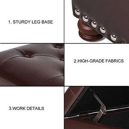 Adeco Button Tufted Accents Rectangular PU Leather Storage Bench Ottoman Footstool for Living Room Bedroom - color: Brown-new