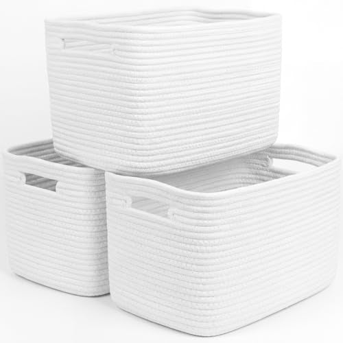 Storage Baskets for Organizing, 14 x 10 x 9” Closet Shelf Woven Baskets, Square Bins with Handles, Cotton Rope Basket for Clothes, Office, Room, White 3 Pack - color: White, size: 3pcs