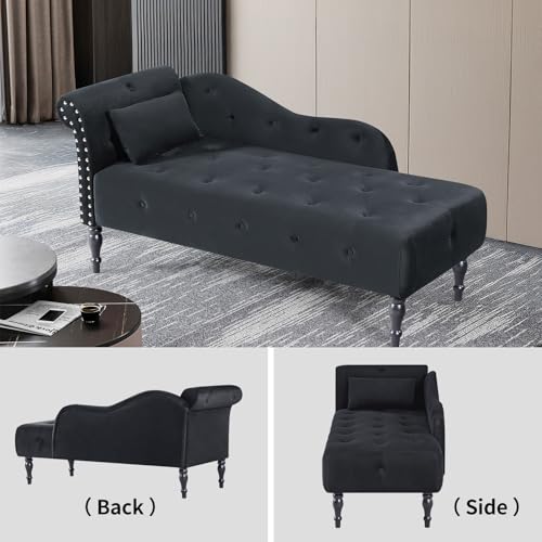 60" Modern Velvet Chaise Lounge Indoor, Upholstered Chair with Left Armrest and Lumbar Pillow, Button Tufted Lounge Sofa for Living Room Bedroom Office, Mini Chaise Longue Sofa (Black) - color: Black