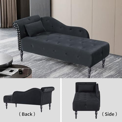 60" Modern Velvet Chaise Lounge Indoor, Upholstered Chair with Left Armrest and Lumbar Pillow, Button Tufted Lounge Sofa for Living Room Bedroom Office, Mini Chaise Longue Sofa (Black) - color: Black
