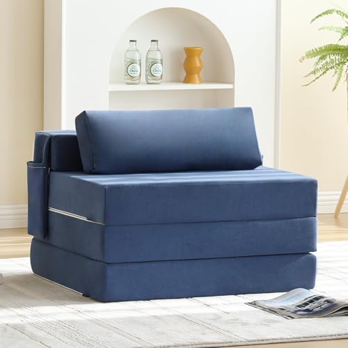 Folding Sofa Bed Chair, 4-Fold Convertible Sleeper Chair with Lumbar Pillow, Washable Cover & Side Pocket, Floor Couch Bed with Raised Seat, Single Size for Small Spaces, Navy - color: Snownylon Navy, size: Single Size