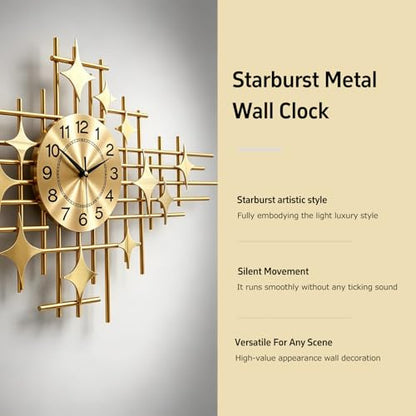 Gold Large Decorative Wall Clock, Modern Metal Wall Clock with Four-Pointed Star Design, Silent Non-Ticking Battery Operated Wall Art for Living Room Bedroom Office Home Decor