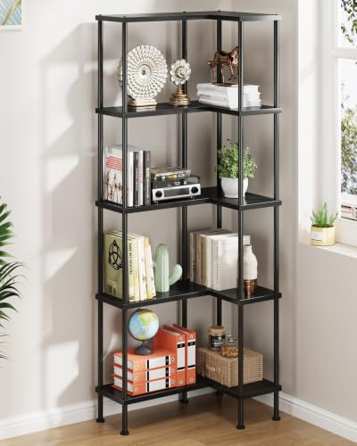 5-Tier L-Shaped Corner Bookshelf, 60" Tall Modern Corner Shelf | L-Shape Corner Fits Living Room, Bedroom, or Home Office Corners, 5 Open Shelves, Display Rack for Books, Plants, and More - color: Black, size: 5 Tier