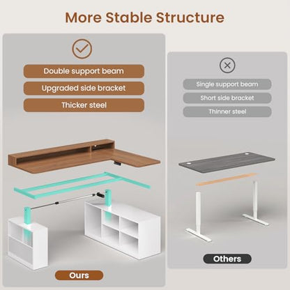 SEDETA L Shaped Electric Standing Desk, 63 inch Gaming Computer Desk with Storage Shelves and LED Lights, Height Adjustable Office Desk with Power Outlet and Pegboard, Brown Desktop - color: Brown