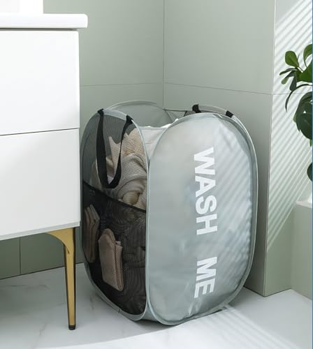 Collapsible Mesh Laundry Hamper, Foldable Dirty Clothes Basket with Handles, 14x14x23 Inch, Large (grey) - color: grey