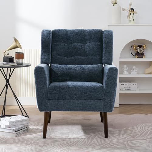 Accent Chair, Living Room Chairs with Solid Wood Legs & Pillow | Chairs Living Room with High Tufted Backrest, Reading Chair for Bedroom/Office, Chenille Fabric - color: Dark Blue