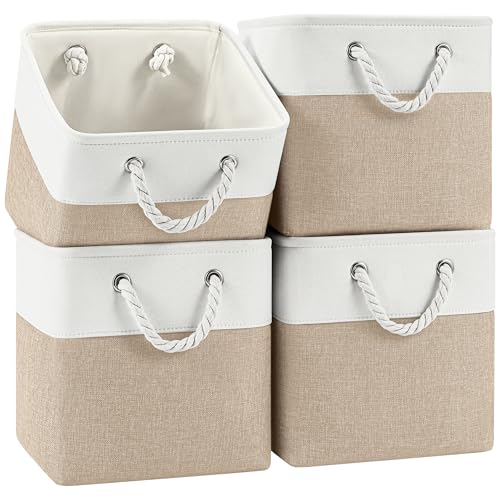 Patvingot 11-Inch Fabric Cube Storage Bins with Handles,4 Pack,Foldable | For cube shelves and closets,keeps grouped for everyday access,reinforced opening and fold-flat storage,white and khaki - color: White/Khaki, size: 11"×11"×11"-4Pack