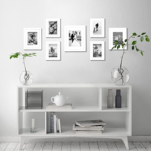 Americanflat Set of 7 Picture Frames with Shatter-Resistant Glass - Gallery Wall Frame Set with One 11x14, Two 8x10 and Four 5x7 Frames - Signature Collection - White - color: White, style: 7 Pack
