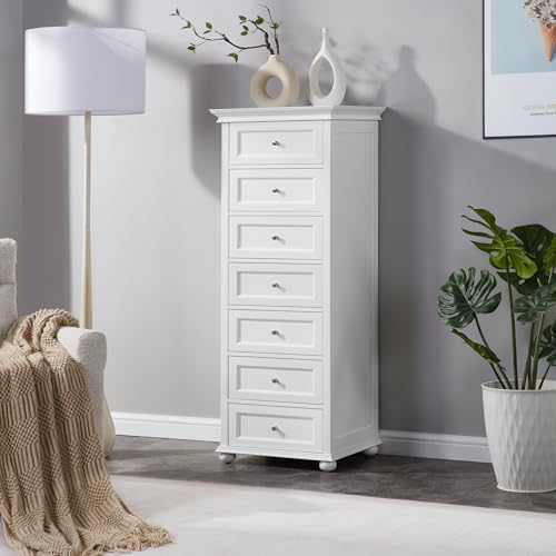 Tall White Dresser for Bedroom with 7 Drawers, 52" Tall Skinny Dresser | Modern White Tall Chest of Drawers Dresser，Wooden Lingerie Dresser Tall Narrow，Crown Molding and Solid Wood Ball Legs - color: White