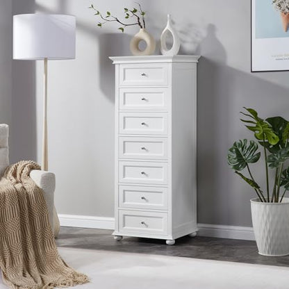 Tall White Dresser for Bedroom with 7 Drawers, 52" Tall Skinny Dresser | Modern White Tall Chest of Drawers Dresser，Wooden Lingerie Dresser Tall Narrow，Crown Molding and Solid Wood Ball Legs - color: White
