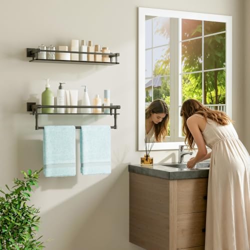 Alise Bathroom Shelf with Towel Bar, 20 Inch Matte Black Glass Shelf | Tempered Glass Bathroom Shelves for Wall Mounted, Modern Glass Shelf with 304 Stainless Steel Railing - color: Matte Black, size: 20 In