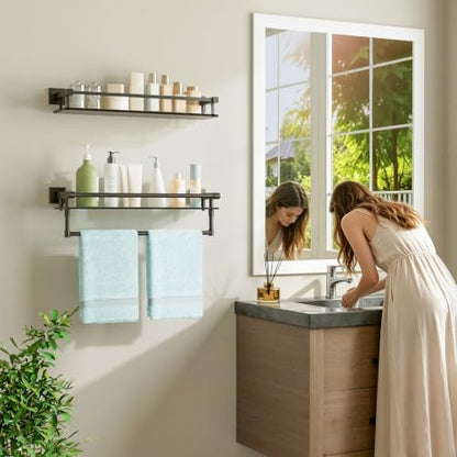 Alise Bathroom Shelf with Towel Bar, 20 Inch Matte Black Glass Shelf | Tempered Glass Bathroom Shelves for Wall Mounted, Modern Glass Shelf with 304 Stainless Steel Railing - color: Matte Black, size: 20 In