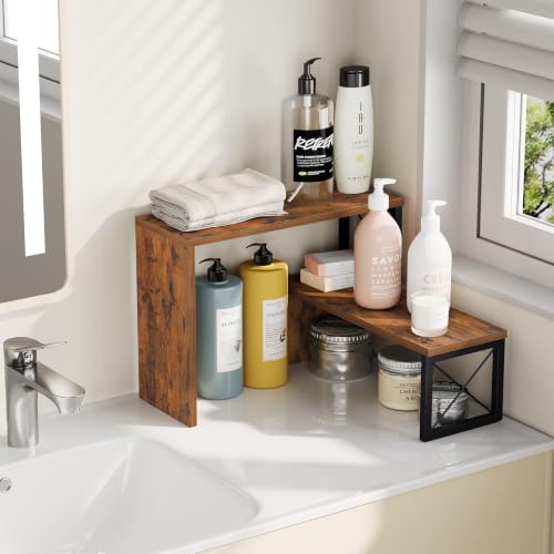 YINMIT Kitchen Countertop Organizer, 2 Tier Stackable Spice Rack | Cabinet Organizer Shelf, Counter Corner Shelves Organization and Storage for Pantry, Coffee Station, Bathroom, Rustic Brown