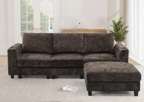 87" Chenille 3 Seater Couch with Soft Ottoman, Brown | L-Shape Sectional Sofa with Durable Cup Holders, Upholstered Sofa with Comfy Backrests for Living Room, House - color: Brown, size: 87" L-Shape