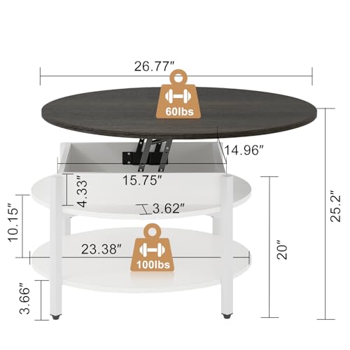 FABATO 26.77” Round Lift Top Coffee Table with Storage, White | Farmhouse Coffee Table, 2 Tier Small Round Center Table, Center Table for Living Room, Circle Dining Table - color: Antique White
