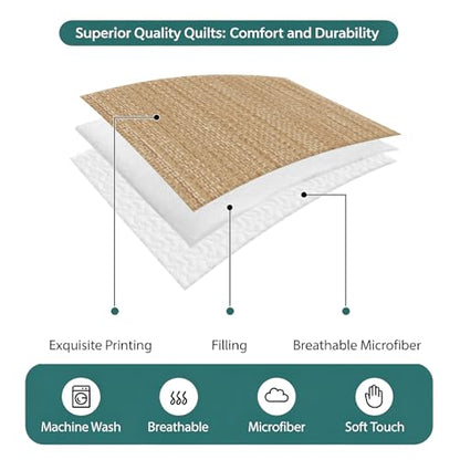 Full Quilt Bedding Set, Minimalist Light Brown Soft Microfiber Summer Bedspread Coverlet with 2 Pillow Shams for All Season, Crosshatch Linen Textured Breathable Bedding Set for Hot Sleepers - size: Full