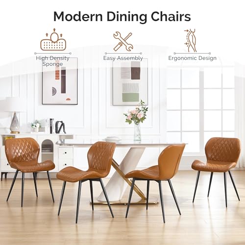 Dining Chairs Set of 2,Faux Leather Modern Dining Chairs with Thick Cushions, Upholstered Kitchen Side Chairs with Adjustable Metal Legs for Dining Room (Caramel) - color: Caramel, size: Set of 2