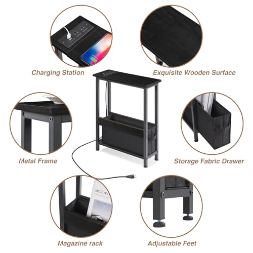 BAMGROW Slim Charging End Table with Storage - for Small Spaces and Bedroom (Black) - color: Black