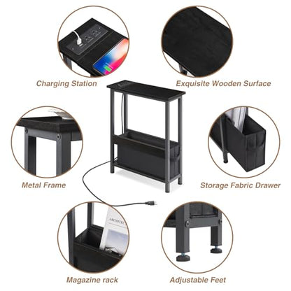 BAMGROW Slim Charging End Table with Storage - for Small Spaces and Bedroom (Black) - color: Black