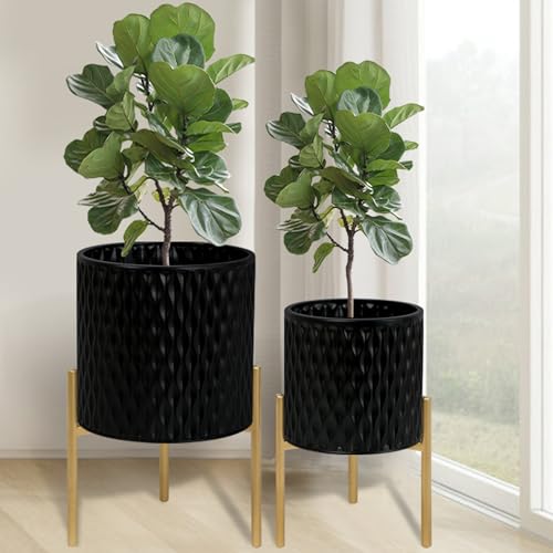 ARNIS Plants Pots with Stand, Set of 2 Planters, Unique Mid Century Decorative Metal Flower Pots with Drainage, 8.25 & 10.5 Inch, Black - color: Matte Black, size: 8.25 &10.5