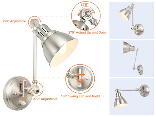 GOODATE 1 Pack Plug in Wall Sconce with Remote Control, Dimming, Adjustable Colors 2700K-6500K, Plug in Wall Light, Swing Arm Wall Lamp with Night Light & Timer, LED Bulb Included, Brushed Nickel - size: Brushed Nickel-1 PACK(Bulb+Remote)