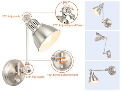 GOODATE 1 Pack Plug in Wall Sconce with Remote Control, Dimming, Adjustable Colors 2700K-6500K, Plug in Wall Light, Swing Arm Wall Lamp with Night Light & Timer, LED Bulb Included, Brushed Nickel - size: Brushed Nickel-1 PACK(Bulb+Remote)