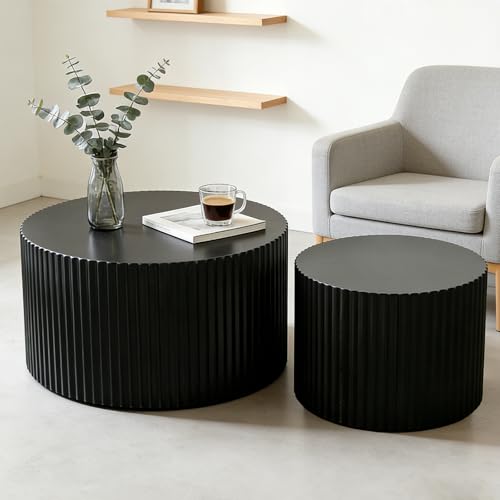 26 inch Round Black Fluted Nesting Coffee Table Set of 2, C Large | Spray Painting Finish, For Living Room, Mid-Century Modern Style, Nestable Design, Nested Side Table, For Small Spaces - color: C Large