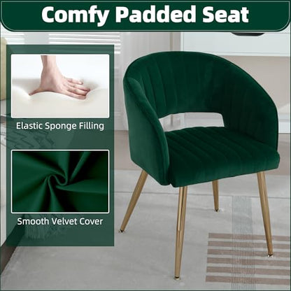 Velvet Home Office Desk Vanity Chair, No Wheels, Gold Legs, Green | Modern Accent Chair with Stylish Stripe Design, Spacious‌ Soft Seat for Girls & Women Bedroom Makeup or Nail Table - color: Green Velvet, No Wheels