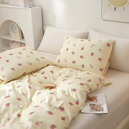 LifeTB Cute Strawberry Duvet Cover Twin Kids Girls Strawberry Bedding Set Kawaii Kids Duvet Cover Soft 100% Cotton Fruit Bedding Cover Boy Teen Cute Comforter Cover with 2 Pillowcases, Cream White - color: A7# Small Strawberry, size: Twin(68"x86")