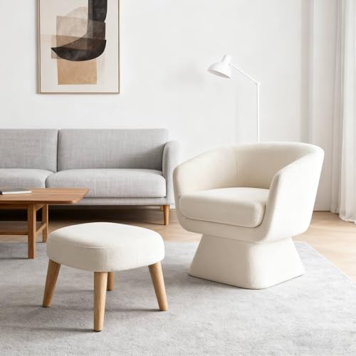 Swivel Barrel Chair and Ottoman Set, 360 Degree Club Chair, Comfy Boucle Armchair and Footstool, Upholstered Accent Sofa Chair w/Footrest for Living Room Bedroom Reception Room, White - color: White, size: Swivel chair
