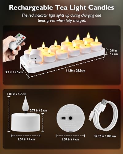 Homemory 12-Pack Rechargeable Tea Light Candles with Remote, 2/4/6/8H Timer | Flameless Flickering Battery Operated LED Tealights with Charging Base for Votive Cups, Glass Holders and Cozy Home Ambiance - color: Warm white light, pack of 12