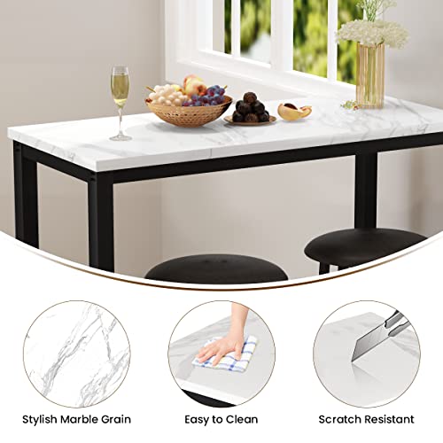 AWQM 39.3" Bar Table Set of 2,Faux Marble Pub Height Table and Chairs Set of 2 with Upholstered Stools,3 Piece Bar Table and Chairs Set Dining Table Set for Living Room,Kitchen,Bar,White & Brown - style: Modern 39.3"