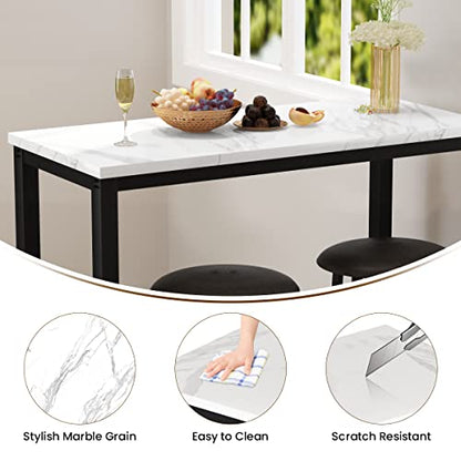 AWQM 39.3" Bar Table Set of 2,Faux Marble Pub Height Table and Chairs Set of 2 with Upholstered Stools,3 Piece Bar Table and Chairs Set Dining Table Set for Living Room,Kitchen,Bar,White & Brown - style: Modern 39.3"