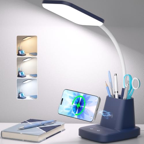 LED Desk Lamp with 10W Wireless Charging & Pen Holder, Navy Blue | CRI 95, 800LM, Stepless Dimming, 3 Modes, 360°Flexible Arm, Touch, Study Table Lamp for Home Office, Dorm Room, with Adapter - color: Navy Blue