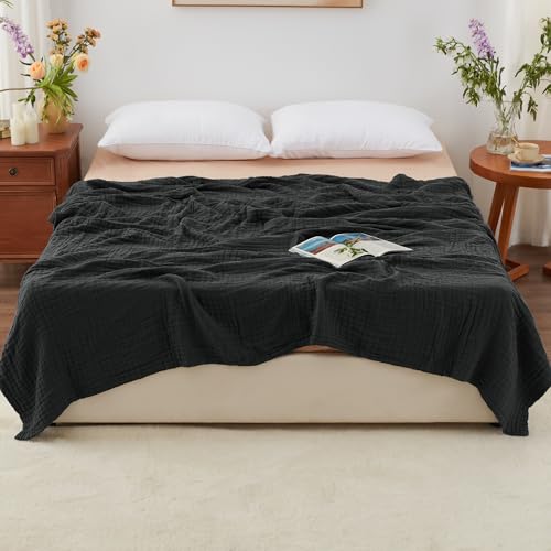 Love's cabin 100% Cotton Muslin Blanket, 6 Layer Lightweight Breathable Gauze Queen Size Blanket 90 x 90 Inches, Soft All Season Blanket for Bed, Black - color: Black, size: Queen(90"x90")