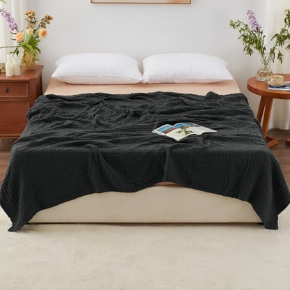 Love's cabin 100% Cotton Muslin Blanket, 6 Layer Lightweight Breathable Gauze Queen Size Blanket 90 x 90 Inches, Soft All Season Blanket for Bed, Black - color: Black, size: Queen(90"x90")