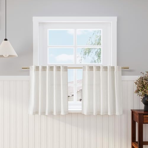 Cream Linen Cafe Curtains 24 Inch Length 2 Panels Light Filtering Semi Sheer Mini Curtains for Small Window Basement Bathroom Back Tab Rod Pocket Short Sheer Kitchen Curtain 36x24 Inches - color: Natural, size: 36"W x 24"L (Pack of 2)