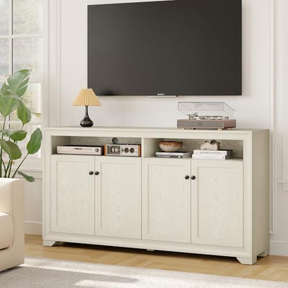 60 Inches Sideboard Buffet Cabinet with Storage and 4 Doors, White | Large Sideboard Kitchen Cabinet with Open Shelf & Adjustable Shelf, Kitchen Coffee Bar Console Table for Living Room, Hallway - color: White