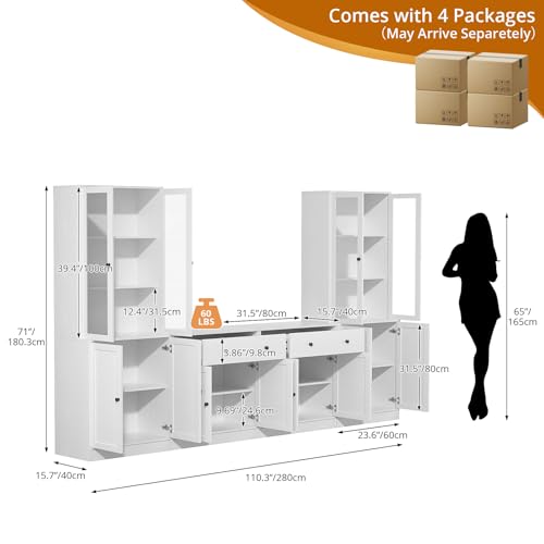 TUSY 71" TV Stand Storage Set - 2 Tall Bookcases & 2 Side Cabinets, Media Console with Glass & Wood Doors, Entertainment Center with Drawers, Tall Media Console for Living Room (White, AEEA) - color: White