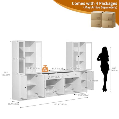 TUSY 71" TV Stand Storage Set - 2 Tall Bookcases & 2 Side Cabinets, Media Console with Glass & Wood Doors, Entertainment Center with Drawers, Tall Media Console for Living Room (White, AEEA) - color: White