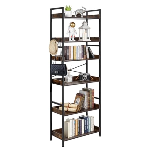 VEVOR Industrial Bookshelf, 6-Tier, Vintage Ladder Shelf Bookshelves and Bookcases, with Metal Frame, Book Organizer with Open Shelves, for Living Room, Bedroom, Kitchen, Home Office, Rustics Brown - size: 6-Tier