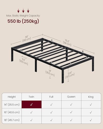 VASAGLE Twin Metal Bed Frame 14 Inches Tall, 550 lb Weight Capacity, No Box Spring Needed, with Under-Bed Storage, Easy Setup, Heavy-Duty Platform Bed, Mattress Retainers, Matte Black URMB653BD02S - size: Twin, style: 14 Inch