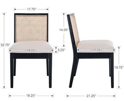 HNY Farmhouse Rattan Dining Chairs Set of 6, Black Solid Hardwood Frame, Upholstered Linen Seat, Ergonomic Cane Back Dining Room Chairs for Kitchen, Dining Room, Apartment, Beige - color: Black