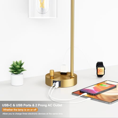 Innqoo Gold Table Lamp for Bedroom - Industrial Bedside Lamp with USB Port and Outlet, Fully Dimmable Nightstand Lamp with Clear Glass Shade, Small Desk Lamps for Home Office - color: Gold Base&Clear Shade