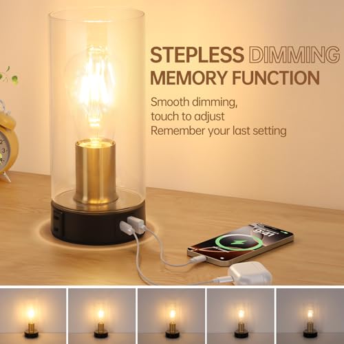 Shenmoyl Industrial Bedside Lamp with USB-A+C Charging Ports & AC Outlet, Small Touch Control Dimmable Table Lamp with Black Glod Base Glass Shade for Bedroom, Nightstand, Dorm, Office, Desk - color: Black-gold