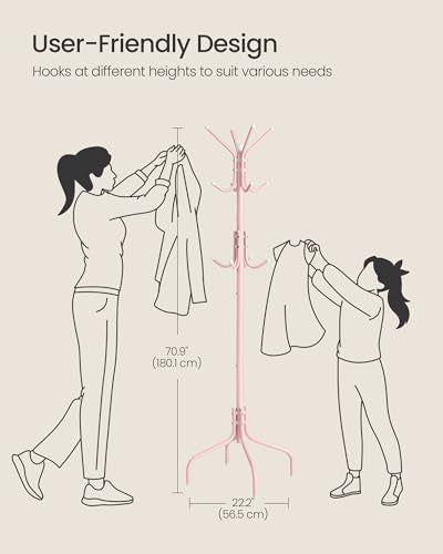 SONGMICS Coat Rack Freestanding, Steel Stand with 12 Hooks and 4 Legs | Coat Tree, Holds Clothes, Hats, and Bags, for Entryway, Living Room, Bedroom, Jelly Pink, ALAN Collection URCR031R01 - color: Jelly Pink, style: 12 hooks