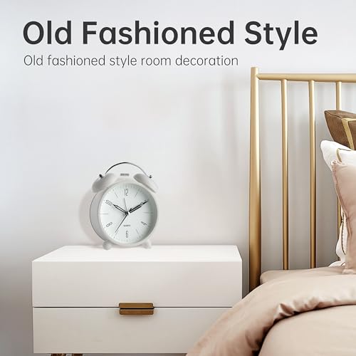 Twin Bell Loud Alarm Analog Alarm Clock, 4 inch Super Silent Non Ticking Small Clock with Night Light, Battery Operated, Simple Design, Old Fashioned, for Heavy Sleeper, Bedroom, Bedside, Desk, White - color: White+twin Bell